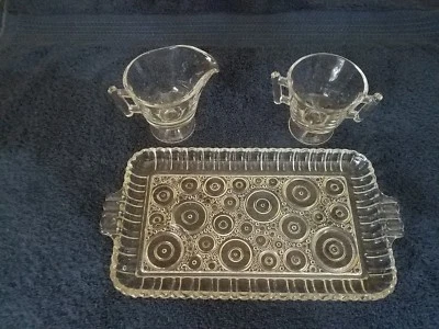 VINTAGE CLEAR GLASS CREAMER & SUGAR BOWL SET ~ WITH GLASS TRAY - Image 1 of 4