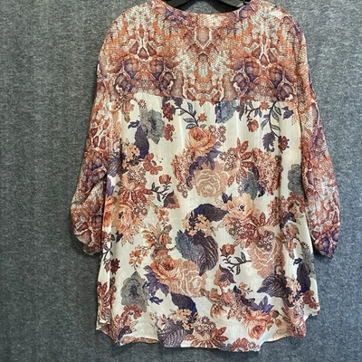 Túnica feminina figo e flor Anthropologie top 3X artística boho transparente botão aba rolo - Imagem 1 de 4