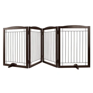 Free Standing Dog Gate 32x96.5 inch Freestanding Pet Gate Foldable Brown - Picture 1 of 10