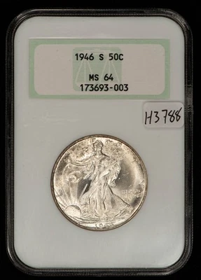1946-S 50c Walking Liberty Half Dollar - Frosty Luster - Fatty NGC MS 64 - H3788 - Image 1 of 4