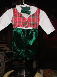 Vintage 70s Best Buddy Green Velvet & Tartan Romper Holiday 6-9 Months - Picture 1 of 6