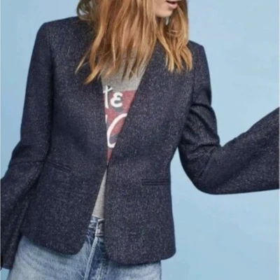 Блейзер Anthropologie Cartonnier темно-синий в тонкую полоску шерстяная смесь рукав с колокольчиком размер 4 - Изображение 1 из 4