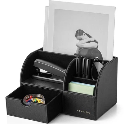 Schreibtisch-Organizer mit Schublade, Stifthalter Leder für Schreibwaren, Bür... - Bild 1 von 4