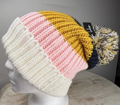 LuLu’s Annalise Anthropology Women’s Beanie NWT Colorblock Pom Pom Multi Color - Image 1 of 4