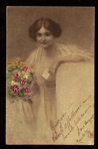 Postkarte 1906 handgetönt hübsche Frau Blumen Italien - Bild 1 von 1