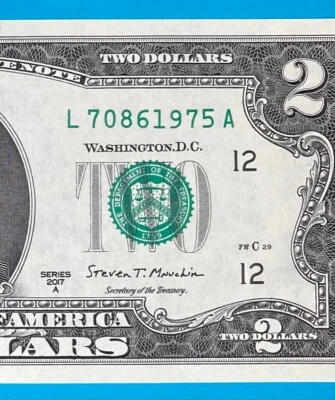 TRAILING YEAR 1975 (L 7086 1975 A) $2 Two Dollar Bill Serial Number 2017A*UNC*  - Image 1 of 3