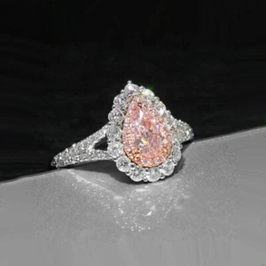 1.45 Ct Pear Cut Pink Diamond Double Halo Engagement Ring 14k White Gold Finish - Picture 1 of 10
