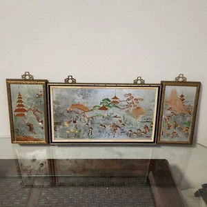 SET 3pcs Antique Collectible Asian Foil Art Painting Vintage Traditional Chinese - Picture 1 of 9