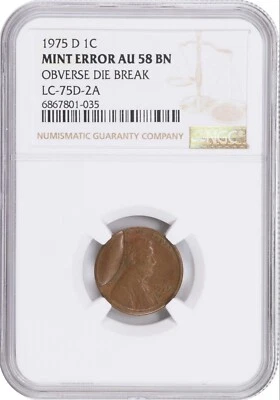 1975 D Lincoln Cent NGC AU58BN CUD Obverse Die Break Coin 1C Mint Error - Image 1 of 4