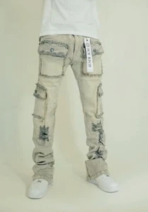 Distressed Denim Acid Washed Skinny cargo Stacked Jeans Men Streetwear Size 40 - Picture 1 of 11