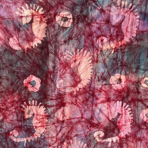 Artisan Batik Fabric Seahorse Cotton Red Blue Boho Beach Sea 3+yds x 45” - Picture 1 of 5