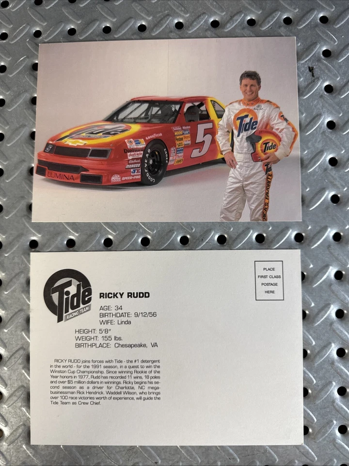 "Tarjeta de héroe NASCAR 1991 Ricky Rudd #5 Tide vintage 5"" x 7""" Foto 1 de 1