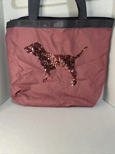 victoria secret large tote bag pink with sequins dog pink gray - Picture 1 of 4
