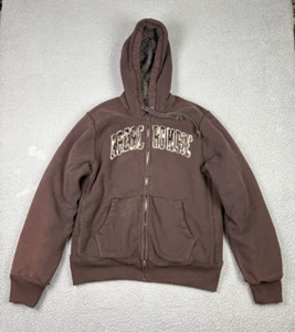 Abercrombie & Fitch Jacket Mens XL Brown Wolf Jaw Hoodie Full Zip Faux Fur Y2K - Picture 1 of 15