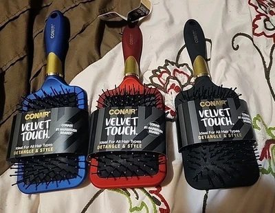 3 Pc- Conair Velvet Touch Detangle & Tangle Paddle Hair Brushes , Black,Red Blue - Image 1 of 2