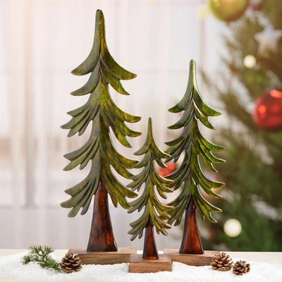 Christmas Holiday Décor Enameled Carved Mango Wood Trees Hand Crafted (Set Of 3) - Image 1 of 4