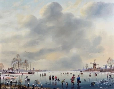 Figuras patinaje sobre hielo en un paisaje de invierno holandés pintura al óleo templo de la década de 1970 Foto 1 de 4