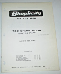 Simplicity Broadmoor 728 MFG No 577 Riding Tractor Parts Catalog Manual ORIGINAL - Picture 1 of 3