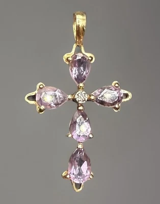 14k Solid Yellow Gold and Amethyst Cross Pendant Religious - Image 1 of 4