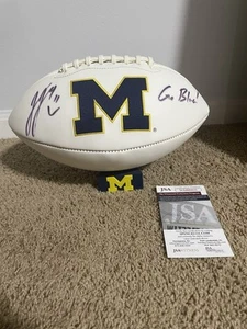 J.J. McCarthy Auto with smiley Michigan Wolverines White Panel Football w/ Insc - Picture 1 of 2