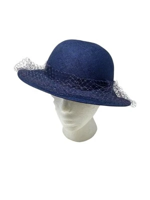 Vintage Womens Miss Bierner Navy Blue Straw Hat Bow Netting Church Easter Derby - Image 1 of 4