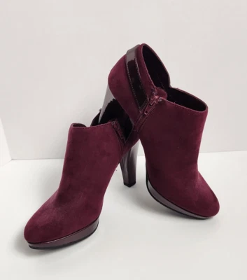 East 5th Faux Suede Maroon Ankle Bootie Patent Leather  Trim & High Heel Size 8 - Image 1 of 4