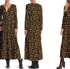 Free People Tiers Of Joy Floral Black and Yellow Long Sleeve Dress Large $138