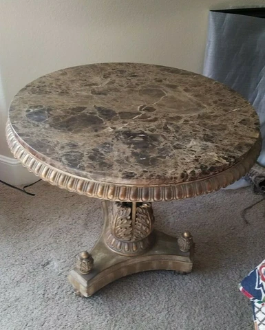 Antique Marble 30" Round Side Table w Carved Wood/Metal Base Cover
