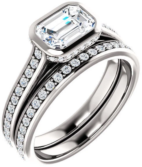 1.0 ct Emerald cut Diamond Halo Engagement 14k White Gold Ring & Band Bridal Set - Image 1 of 1