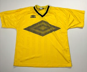 Vintage Umbro Mens Soccer Jersey Yellow Sz M Silky 80s V Neck Stripe - Picture 1 of 8