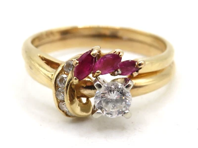 LADIES 14k YELLOW GOLDSOLITAIRE DIAMOND RING w 3 NATURAL RUBIES - SIZE: 6.25 * - Image 1 of 4
