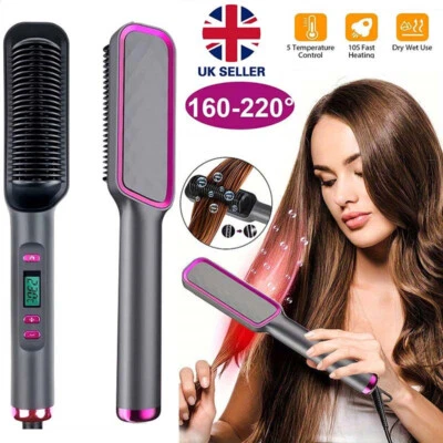 Electric Hair Straightener Brush Straight Quick Iron Hot Comb Negative ion UK