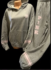 VICTORIAS SECRET PINK OVERSIZED PULLOVER HOODIE & SWEATPANTS 2PC SET S M ❤️ NICE - Picture 1 of 13