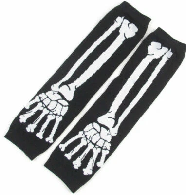 New Long Skull White Black Skeleton Elastic Fingerless Arm Warmers Gloves  - Image 1 of 2