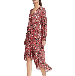 NWT Red Floral Print Boho Hi-Low L/S Wrap Waist Flowy Billowy Midi Dress NEW 12 - Picture 1 of 5