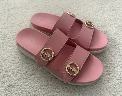 ТРЕНЕР женщин розовый фронтон G5136 кожи 2 ремень шлепанцы размер 8,5 B - Изображение 1 из 4