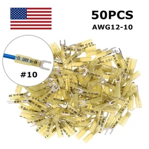 50PCS Heat Shrink Fork Connectors #10 - Crimp Fork Terminals Yellow 12-10 Gauge - Picture 1 of 6