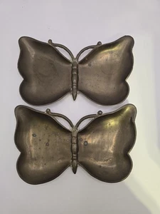 Vintage Set of 2 Brass Butterfly Trinket Dish Tray 8.25x5" Patina Made in India - Picture 1 of 13
