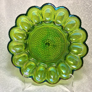 Vtg Indiana Glass Green Carnival Deviled Egg Plate Iridescent Hobnail Dish 11" - Picture 1 of 7