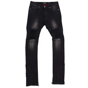 Pantalones de mezclilla de motociclista triturados F1748 con cremallera en la parte inferior de la pierna | Entrepierna de 40 pulgadas - negros - Imagen 1 de 9