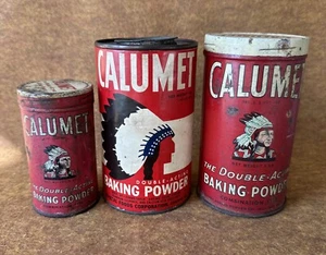 3 latas vintage de polvo de hornear de doble acción CALUMET Indian Chief con tapas - Imagen 1 de 24