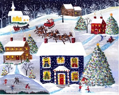ChRiStMaS TrEEs SnOwMaN SaNtA ReInDeeR SlEd ViLLaGe FoLk ArT OrIgInAl PrInT  - Image 1 of 3