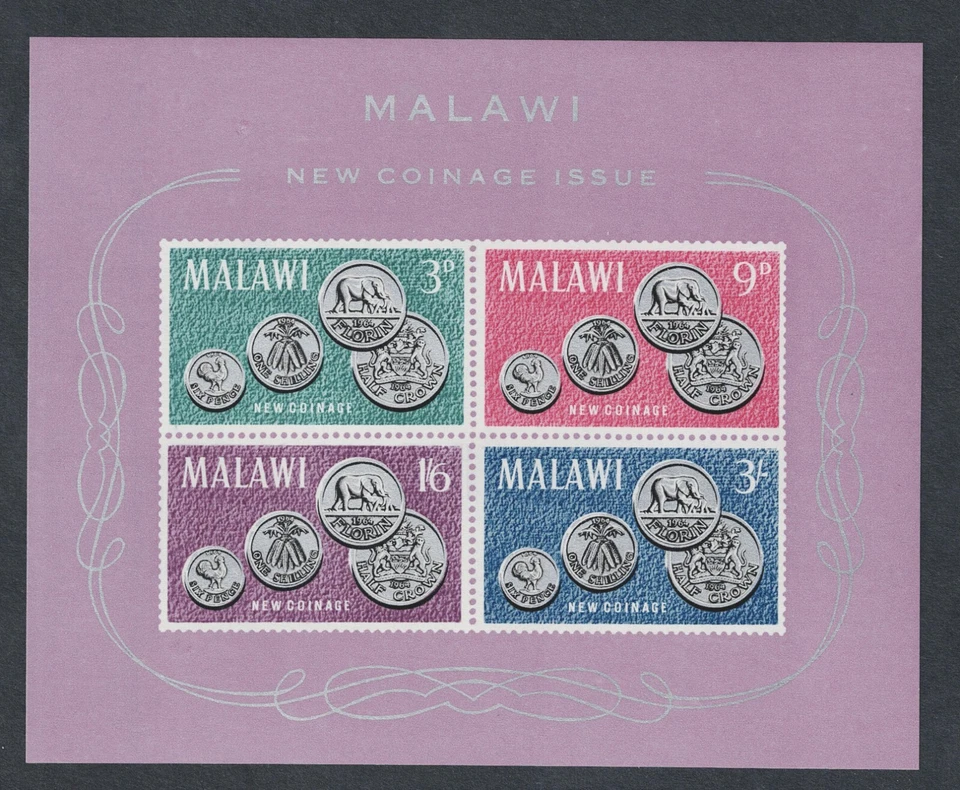 Malawi Coins on stamps Souvenir Sheet 1974 MNH A-5a - Image 1 of 1