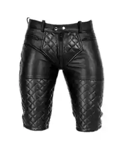 Men’s Black Genuine Leather Biker Shorts - Zipper Pockets Genuine Leather Short - Picture 1 of 5