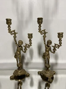VTG. Pair Of CANDLEHOLDER TORCHERE FIGURAL Hollywood Regency Brass CANDLESTICKS - Picture 1 of 23