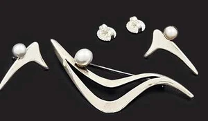 Superb Sigi Tasco Sterling & Pearl Retro Atomic MCM Demi Parure Set 1940s - Picture 1 of 10