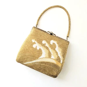 Japanese Vintage Beaded Evening Bag Yellow,Gold Wave Pattern 7x6 inch - Picture 1 of 19