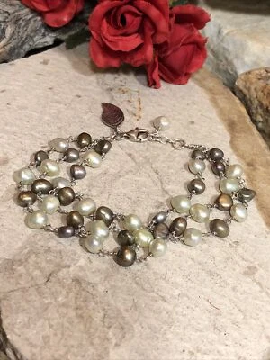 12.925 Sterling Greenish, Brownish Pastel Pearl Wire 3 Row Bracelet 15.3g, 7+3/4 - Image 1 of 4