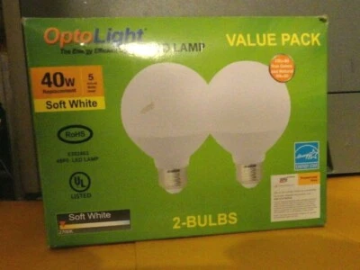 2)2 PACK G25 OptoLight LED Globe Vanity Bulbs OP-G25-5WF-27ND 450 Lumens, 5W=40W - Image 1 of 4