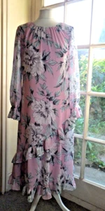 bnwt ADRIANNA PAPELL Long Sleeved Pink Floral Chiffon Midi Ruffle Dress UK 8 - Picture 1 of 13